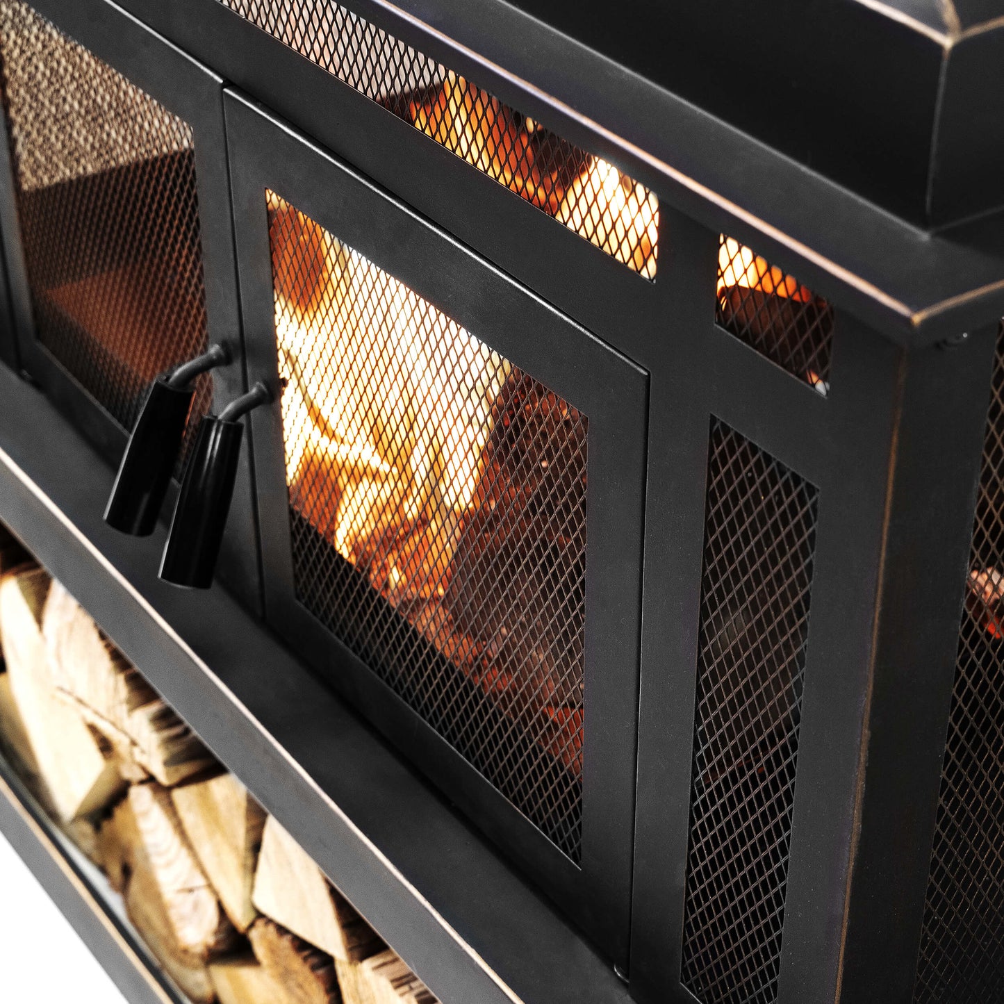 Deko Living Rimasco 80-Inch Metal Wood Burner Fireplace with Side Storage Tables  - COB10504
