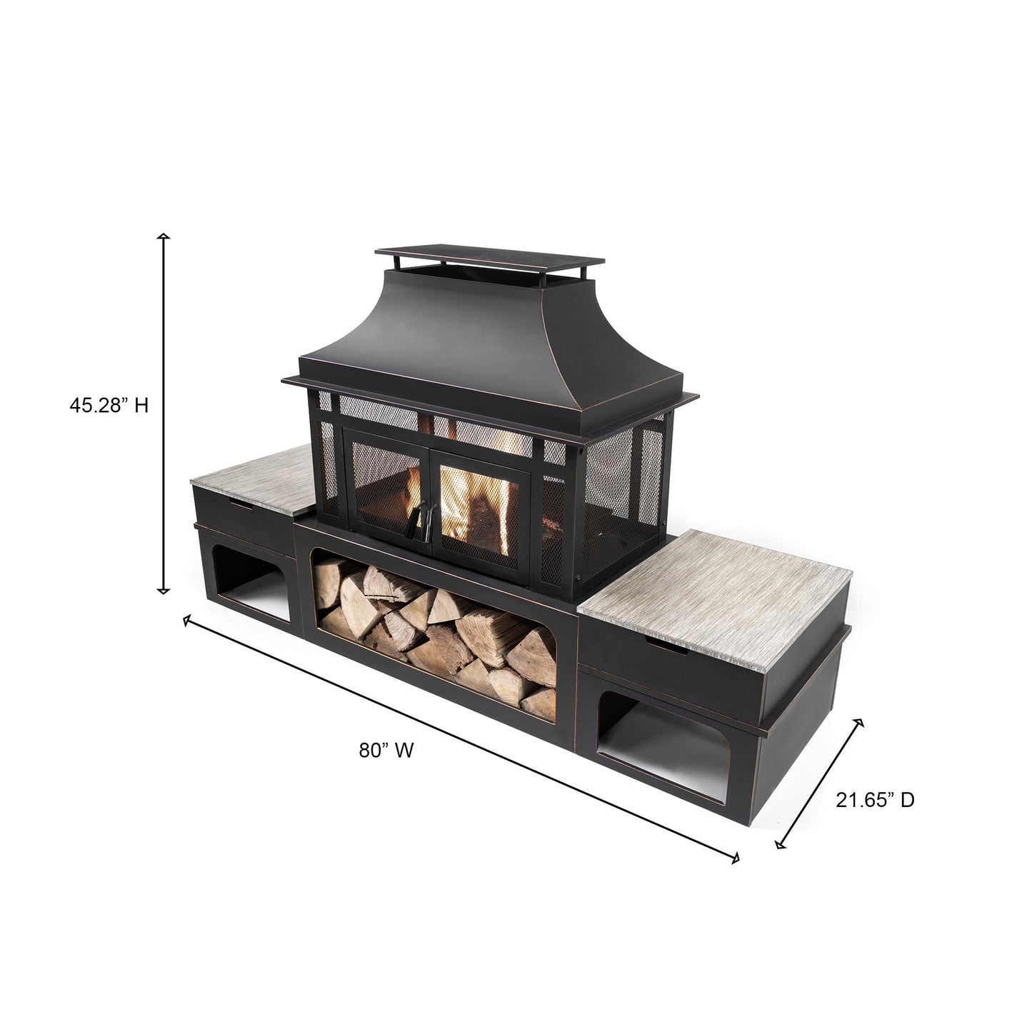 Deko Living Rimasco 80-Inch Metal Wood Burner Fireplace with Side Storage Tables  - COB10504