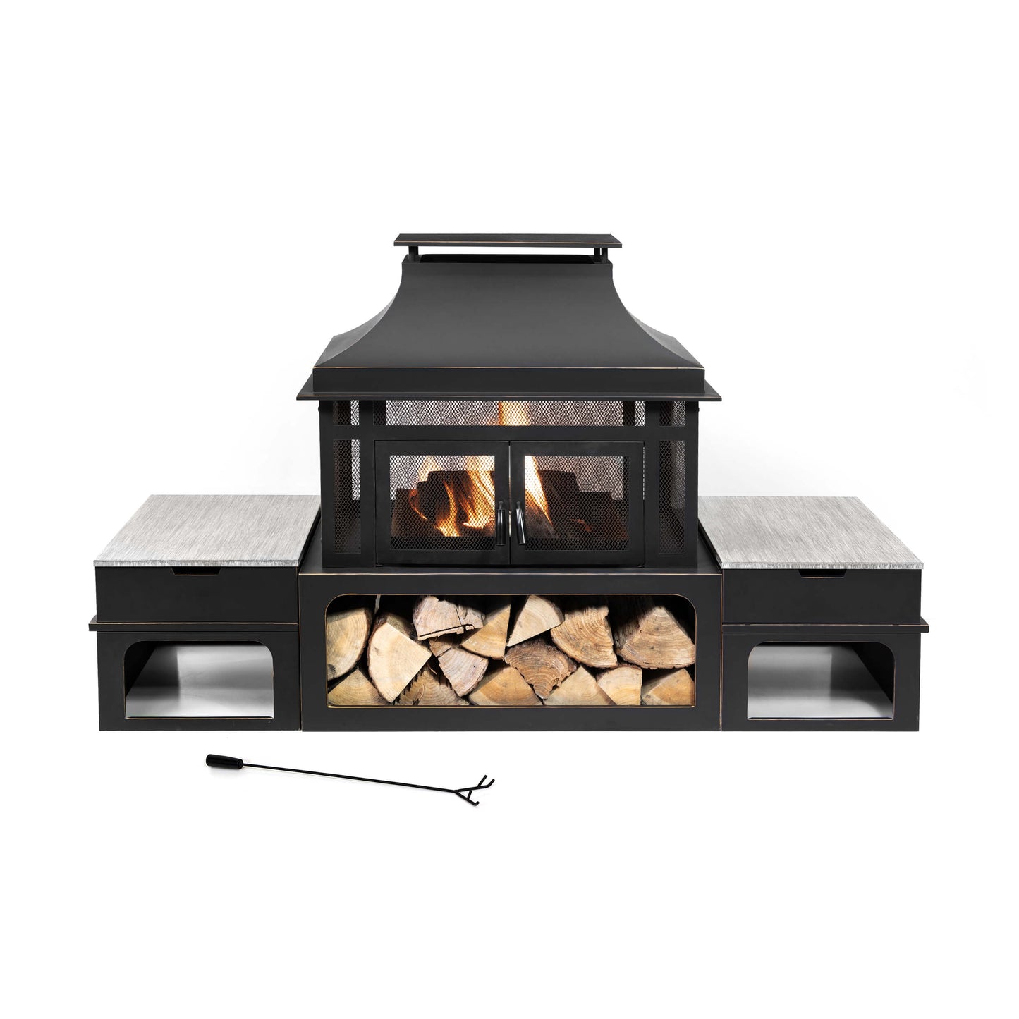 Deko Living Rimasco 80-Inch Metal Wood Burner Fireplace with Side Storage Tables  - COB10504