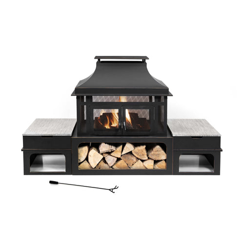 Deko Living Rimasco 80-Inch Metal Wood Burner Fireplace with Side Storage Tables  - COB10504