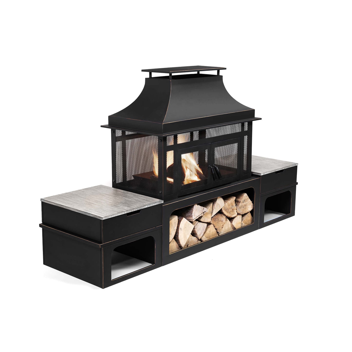 Deko Living Rimasco 80-Inch Metal Wood Burner Fireplace with Side Storage Tables  - COB10504