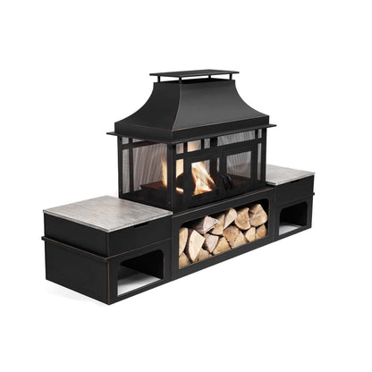 Deko Living Rimasco 80-Inch Metal Wood Burner Fireplace with Side Storage Tables  - COB10504