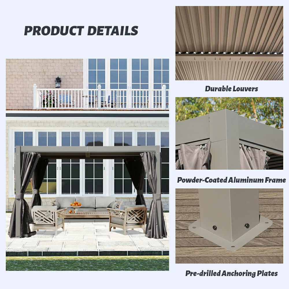 Domi Patio Aluminum Louvered Pergola - Gray