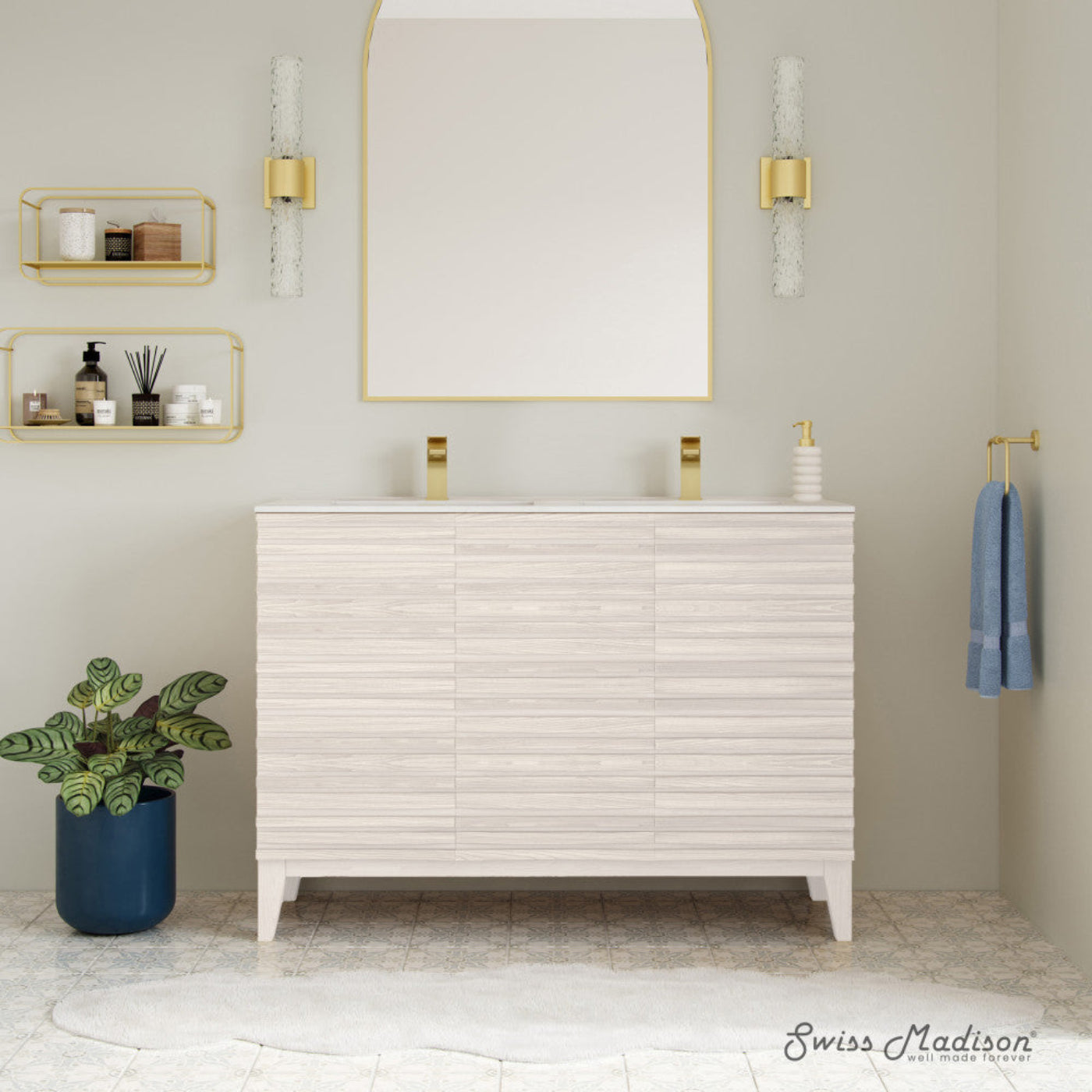 Swiss Madison Cascade 48" Freestanding Bathroom Vanity in White Oak with Double Basin Sink Top - SM-BV8636WO