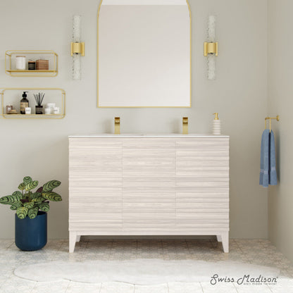 Swiss Madison Cascade 48" Freestanding Bathroom Vanity in White Oak with Double Basin Sink Top - SM-BV8636WO