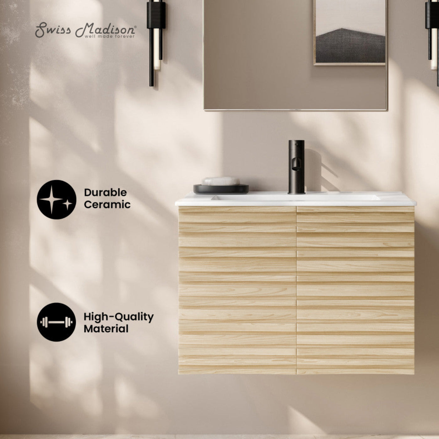 Swiss Madison Cascade 30" Wall-Mounted Bathroom Vanity in Natural Oak with Sink Top - SM-BV8624NO