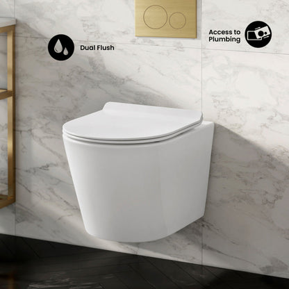 Swiss Madison Calice Wall-Hung Toilet Bundle 0.8/1.6 GPF Dual Flush in Glossy White with Brass Flush Plate - SM-WT2302GW