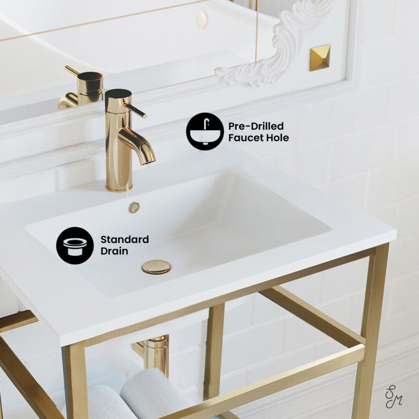Swiss Madison Pierre 24 Single, Open Shelf, Gold Metal Frame Bathroom Vanity - SM-BV552G