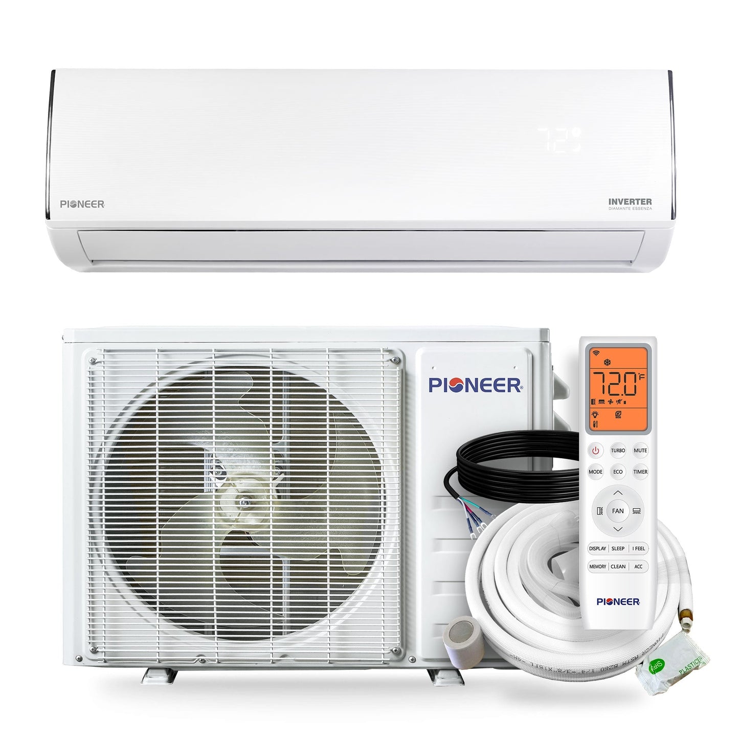 Pioneer Diamante Essenza 17,000 BTU 17 SEER2 230V High-Wall Ductless Mini-Split Air Conditioner Inverter Heat Pump with 16 Ft. Kit - WYT018GLUI17RL