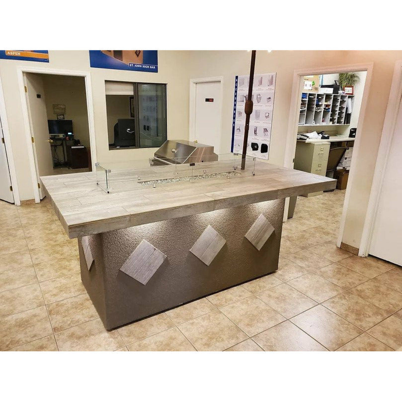 KoKoMo Island with Firepit, 4 Burner BBQ, and Outdoor Rated Refrigerator - Baja-Fire