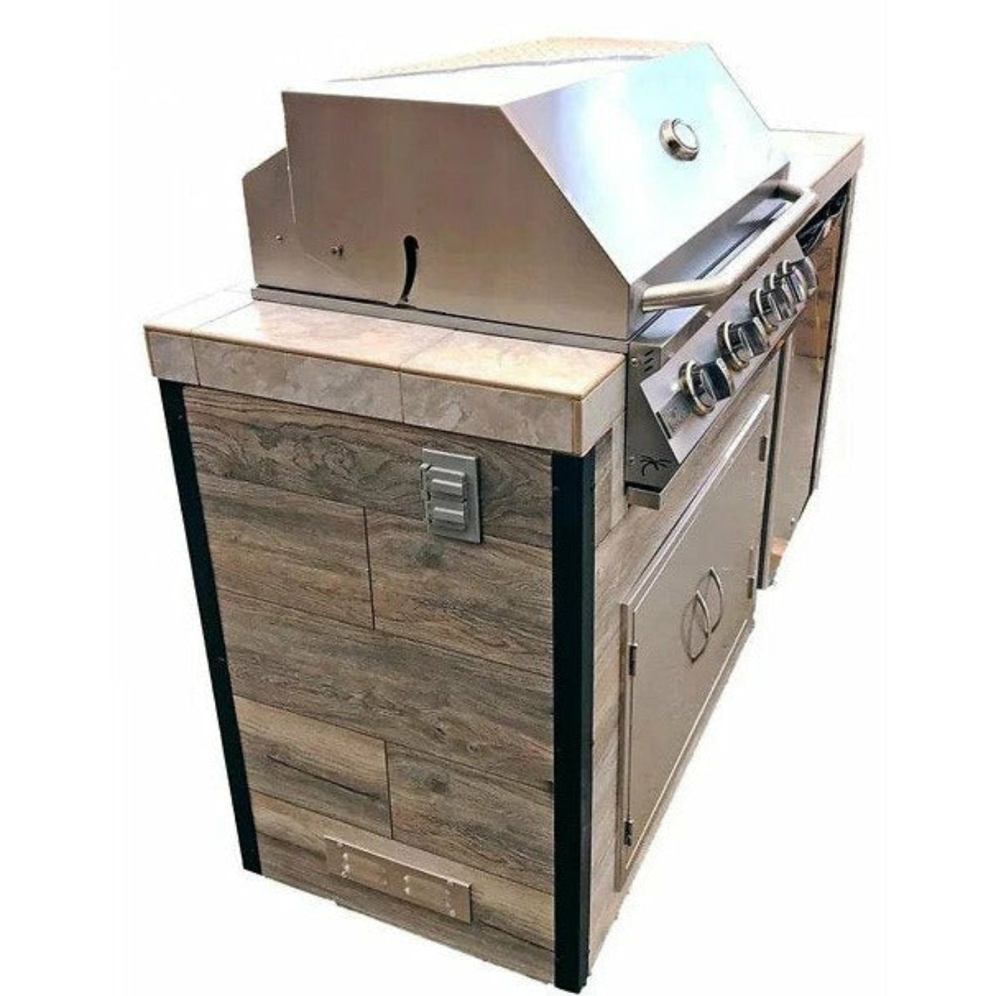 KoKoMo Elite 6' BBQ Island With Built In BBQ Grill Drift Wood Look Siding 30 Inch Doors - ELITE