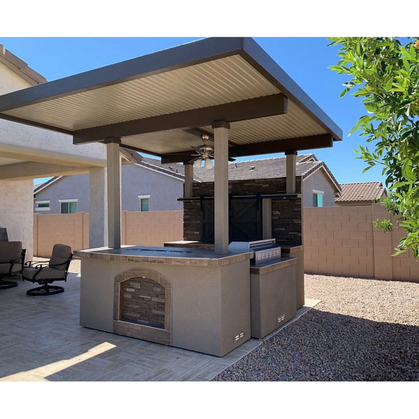 KoKoMo Barn Door TV Wall BBQ Island Pergola Firepit 4 Burner Built In BBQ St. Croix -odel# St.CroixBarnDoorTVWall