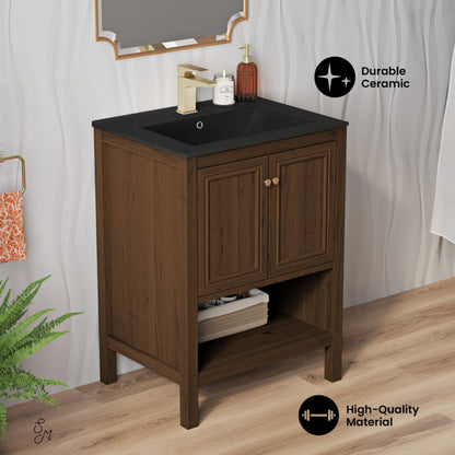 Swiss Madison Chateau 24" Freestanding Bathroom Vanity in Brown Oak with Black Sink Top - SM-BV0601BO-MB