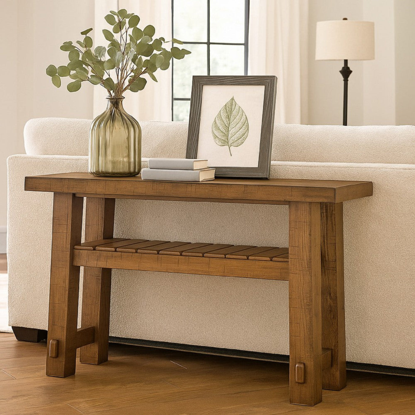 Char-Griller Ack Sofa Console Table, Slatted Shelf, Block legs, 48 Inch Brown Wood -BM327350 - SKU_1769849896737_511