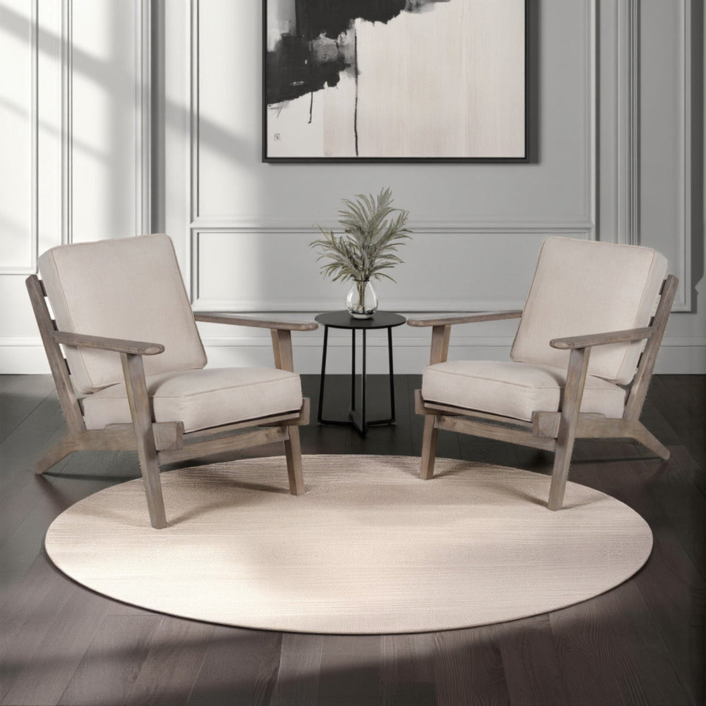 Amber Accent Chair, Handcrafted Washed Ash Gray Mango Wood, Beige Fabric Cushion - 1769673093663_612