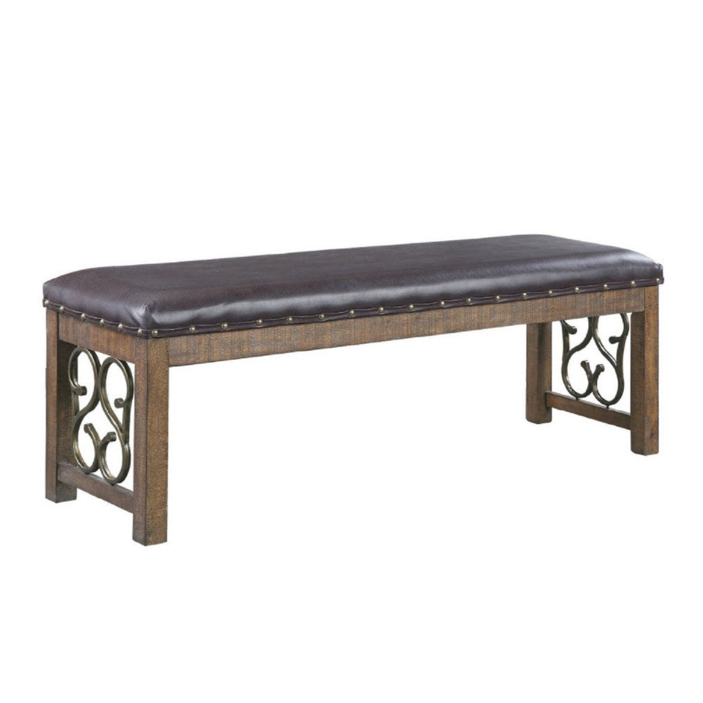 Char-Griller Ral 56 Inch Solid Wood Padded Bench, Metal Scroll Design, Nailhead, Brown - BM27 - SKU_1769839126060_433