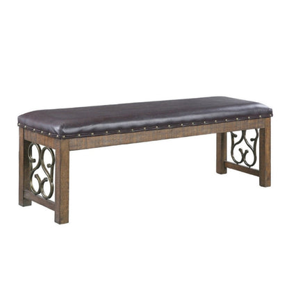 Char-Griller Ral 56 Inch Solid Wood Padded Bench, Metal Scroll Design, Nailhead, Brown - BM27 - SKU_1769839126060_433