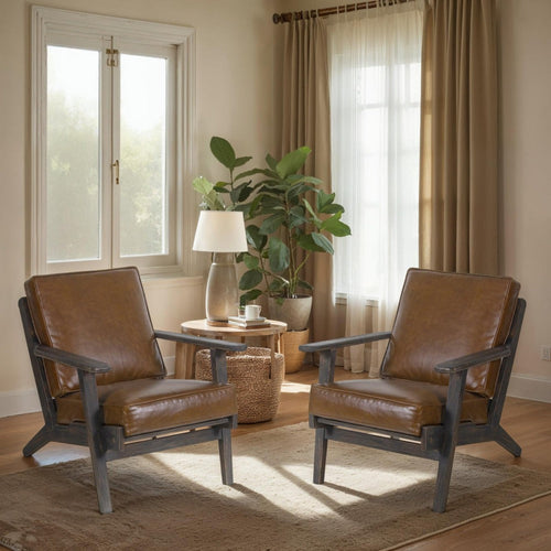 Char-GrillerAmber Accent Chair, Handcrafted Slatted Mango Wood, Brown Buffalo Leather Cushio - 1769671841641_818