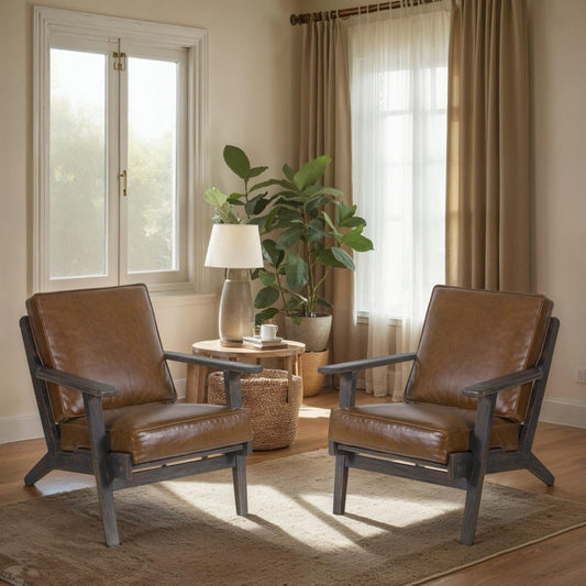 Char-GrillerAmber Accent Chair, Handcrafted Slatted Mango Wood, Brown Buffalo Leather Cushio - 1769671841641_818