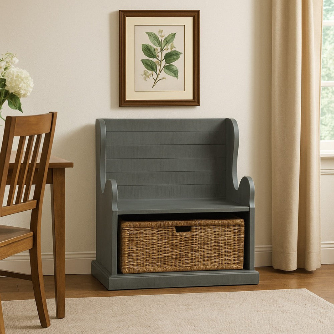 Char-Griller Eulie Hall Foyer Bench Seat w Rattan Basket, Rustic Blue Mahogany Wood -BM324906 - SKU_1769849883166_664