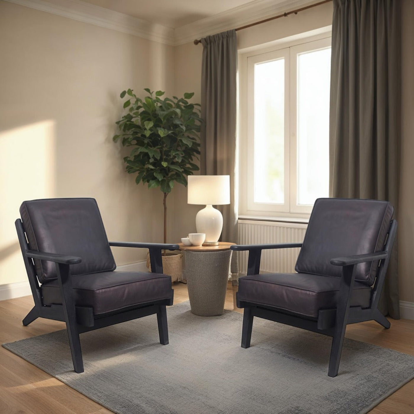 Amber Accent Chair, Handcrafted Slatted Mango Wood, Black Buffalo Leather Cushio -1769671786003_978
