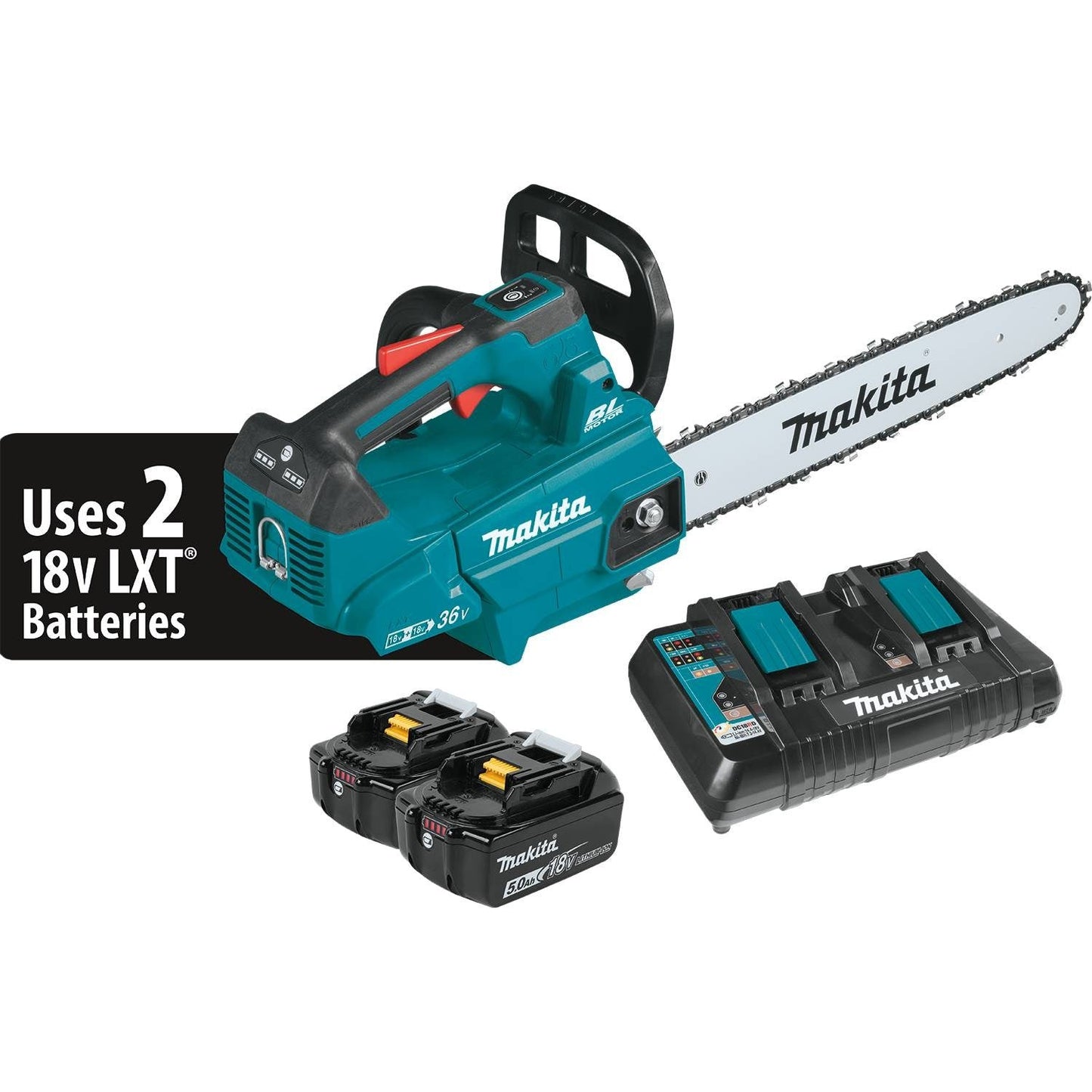 Makita (XCU09PT) 18V LXT Brushless 16" Top Handle Chain Saw Kit, dual port charger (5.0Ah) - XCU09PT