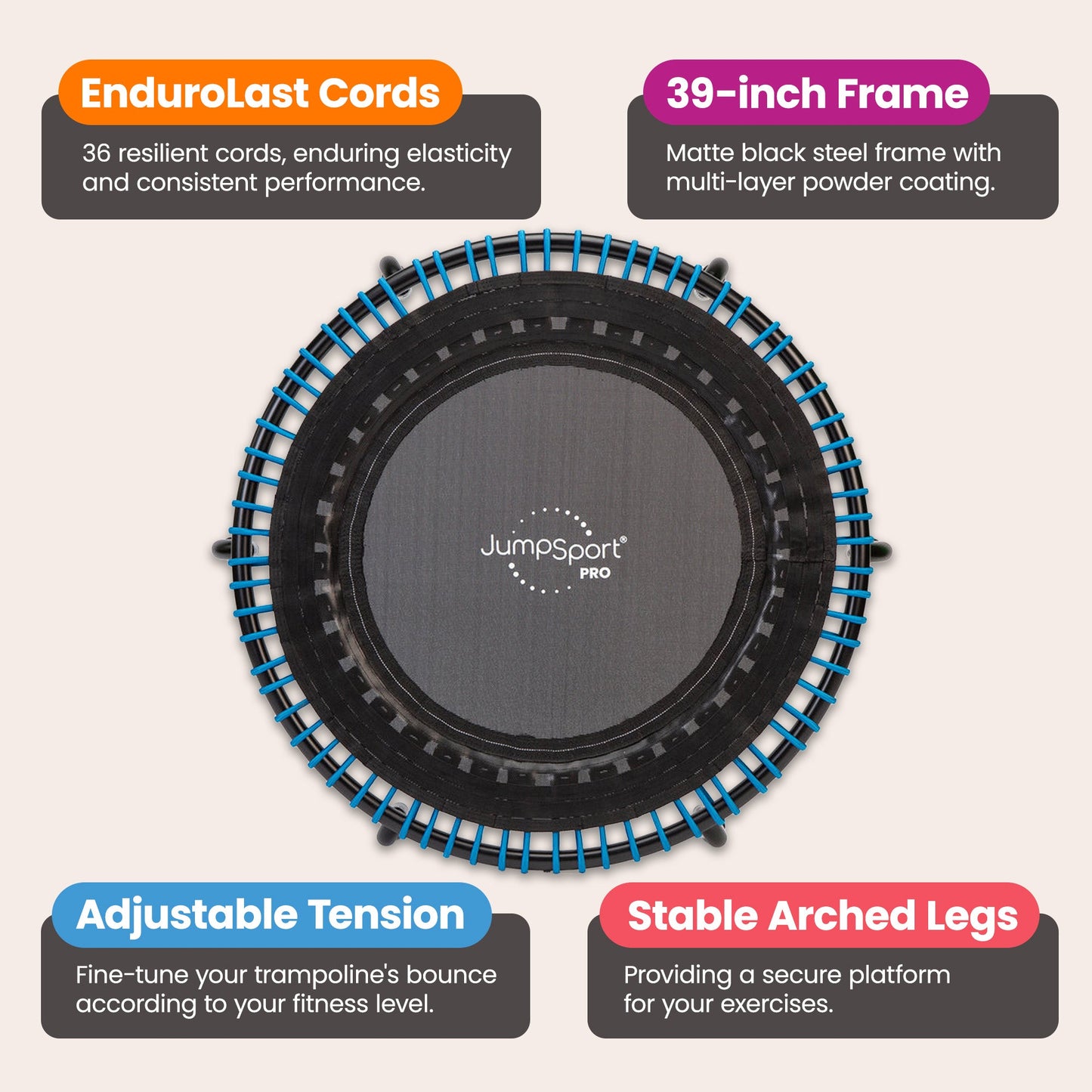 Disc-O-Bed JumpSport 350 PRO 39 Inch Fitness Trampoline with Blue EnduroLast Elastic Cords - 348950