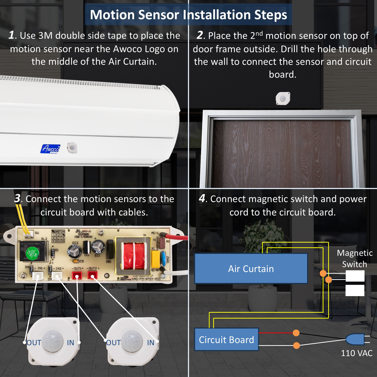 Awoco FM35-MSD Early Turn On Elegant 2 Speed Air Curtain, UL Certified, 120V Unheated with Magnetic Switch & Motion Sensor Detection - FM3509-MSD