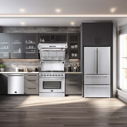 Forno 4-Piece Appliance Package - 36-Inch Dual Fuel Range, Refrigerator, Wall Mount Hood with Backsplash, & 3-Rack Dishwasher in Stainless Steel - AP4-6156-36
