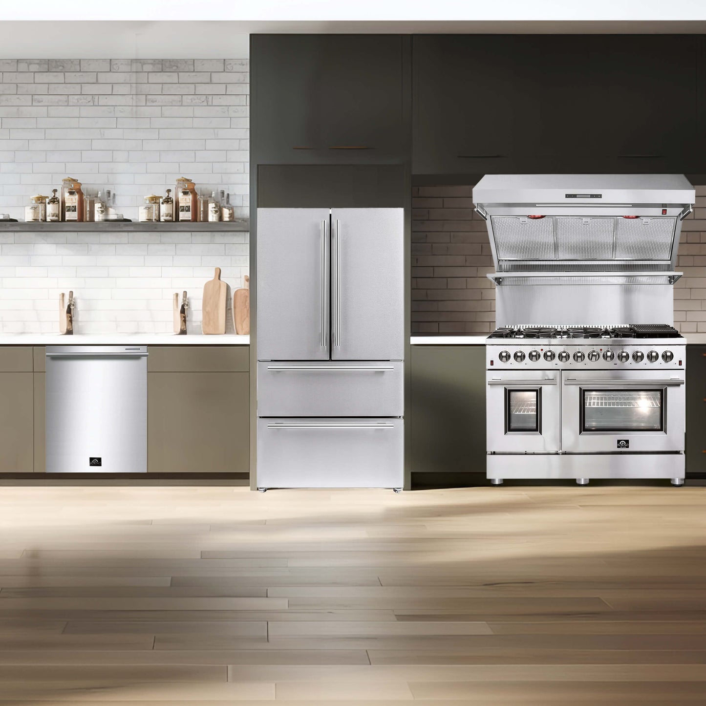 Forno 4-Piece Appliance Package - 48-Inch Dual Fuel Range, Refrigerator, Wall Mount Hood with Backsplash, & 3-Rack Dishwasher in Stainless Steel - AP4-6156-48