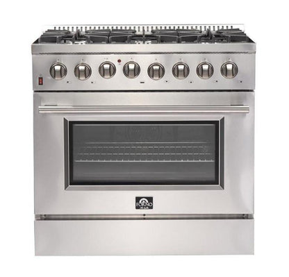 Forno 4-Piece Appliance Package - 36-Inch Dual Fuel Range, Refrigerator, 24-Inch Microwave Drawer, & 3-Rack Dishwasher in Stainless Steel - AP4-6156-36-MWD