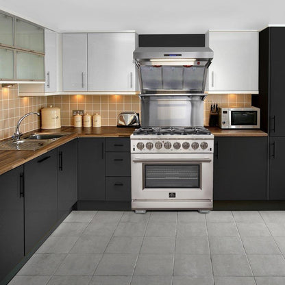 Forno 4-Piece Appliance Package - 36-Inch Dual Fuel Range, Refrigerator, 24-Inch Microwave Oven, & 3-Rack Dishwasher in Stainless Steel - AP4-6156-36-MWO