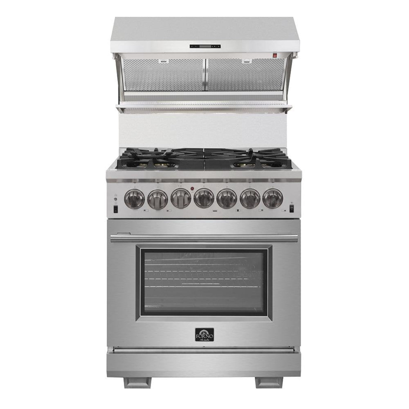Forno 4-Piece Pro Appliance Package - 30-Inch Dual Fuel Range, Premium Hood, French Door Refrigerator, and Dishwasher in Stainless Steel - AP4-6187-30