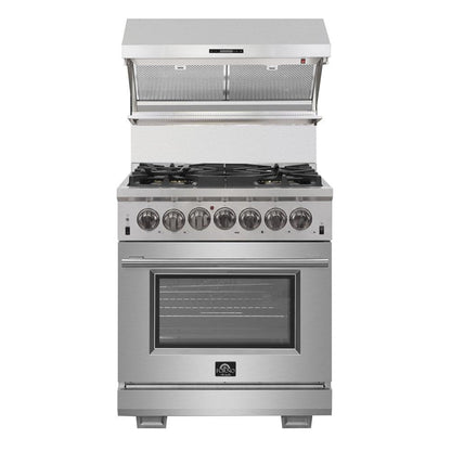 Forno 4-Piece Pro Appliance Package - 30-Inch Dual Fuel Range, Premium Hood, French Door Refrigerator, and Dishwasher in Stainless Steel - AP4-6187-30
