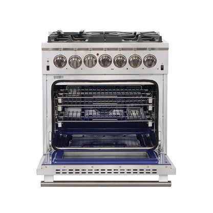 Forno 4-Piece Pro Appliance Package - 30-Inch Dual Fuel Range, Premium Hood, French Door Refrigerator, and Dishwasher in Stainless Steel - AP4-6187-30