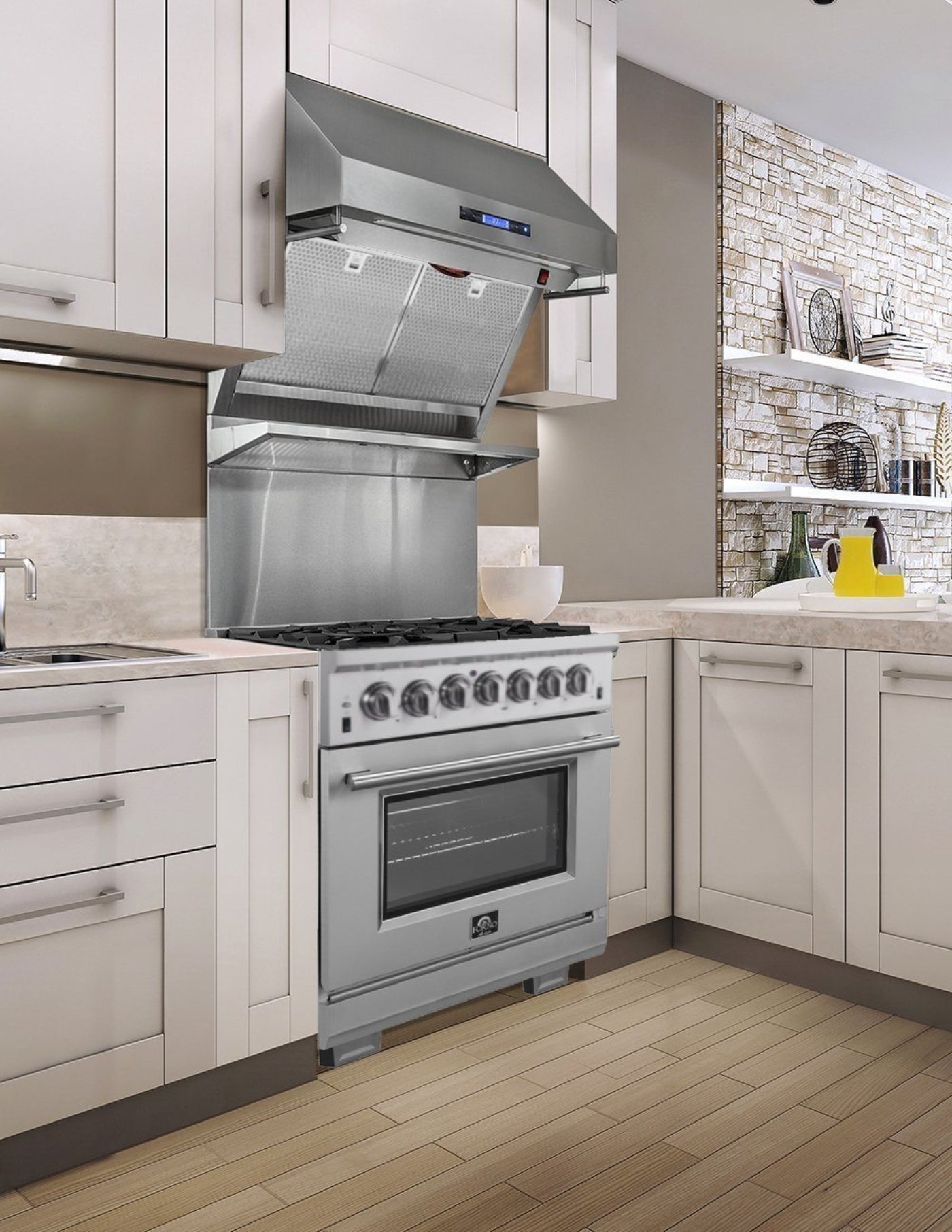 Forno 4-Piece Pro Appliance Package - 30-Inch Gas Range, French Door Refrigerator, Wall Mount Hood with Backsplash, and Dishwasher in Stainless Steel - AP4-6260-30
