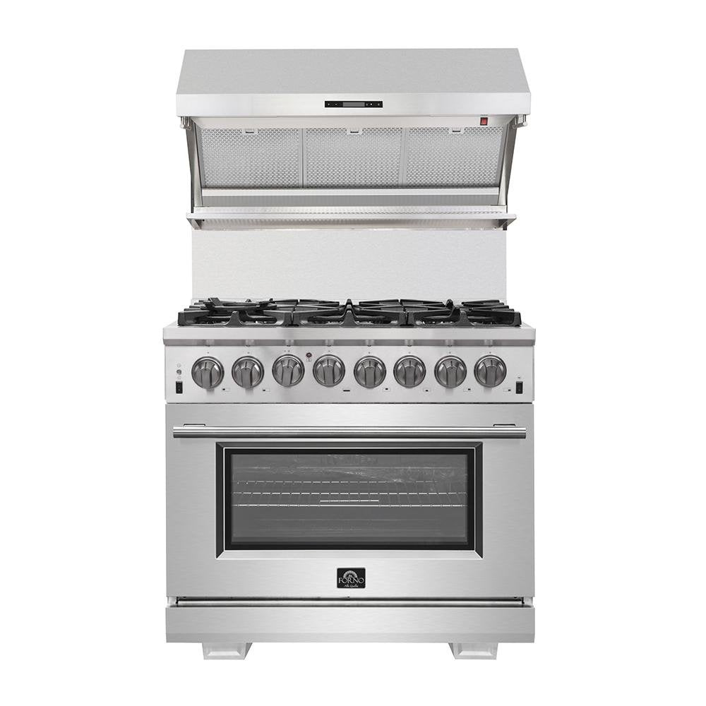 Forno 4-Piece Pro Appliance Package - 36-Inch Dual Fuel Range, French Door Refrigerator, Wall Mount Hood with Backsplash, and Dishwasher in Stainless Steel - AP4-6187-36