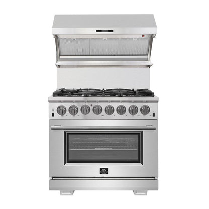 Forno 4-Piece Pro Appliance Package - 36-Inch Dual Fuel Range, French Door Refrigerator, Wall Mount Hood with Backsplash, and Dishwasher in Stainless Steel - AP4-6187-36
