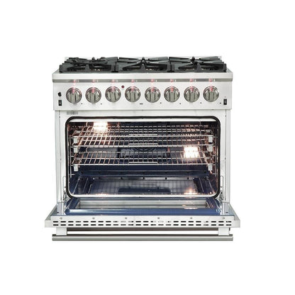 Forno 4-Piece Pro Appliance Package - 36-Inch Dual Fuel Range, French Door Refrigerator, Wall Mount Hood with Backsplash, and Dishwasher in Stainless Steel - AP4-6187-36