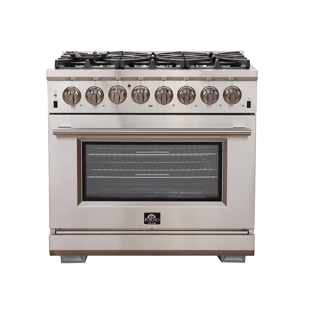 Forno 4-Piece Pro Appliance Package - 36-Inch Dual Fuel Range, French Door Refrigerator, Wall Mount Hood with Backsplash, and Dishwasher in Stainless Steel - AP4-6187-36