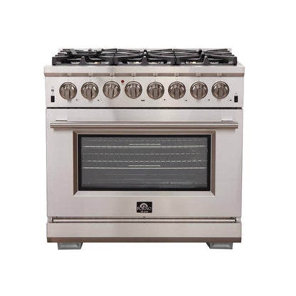 Forno 4-Piece Pro Appliance Package - 36-Inch Dual Fuel Range, French Door Refrigerator, Wall Mount Hood with Backsplash, and Dishwasher in Stainless Steel - AP4-6187-36