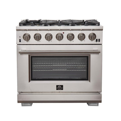 Forno 4-Piece Pro Appliance Package - 36-Inch Gas Range, Wall Mount Hood with Backsplash, 36-Inch French Door Refrigerator, and Dishwasher in Stainless Steel - AP4-6260-36