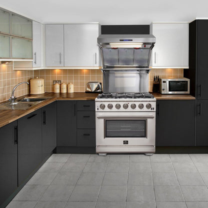 Forno 4-Piece Pro Appliance Package - 36-Inch Gas Range, Wall Mount Hood with Backsplash, 36-Inch French Door Refrigerator, and Dishwasher in Stainless Steel - AP4-6260-36