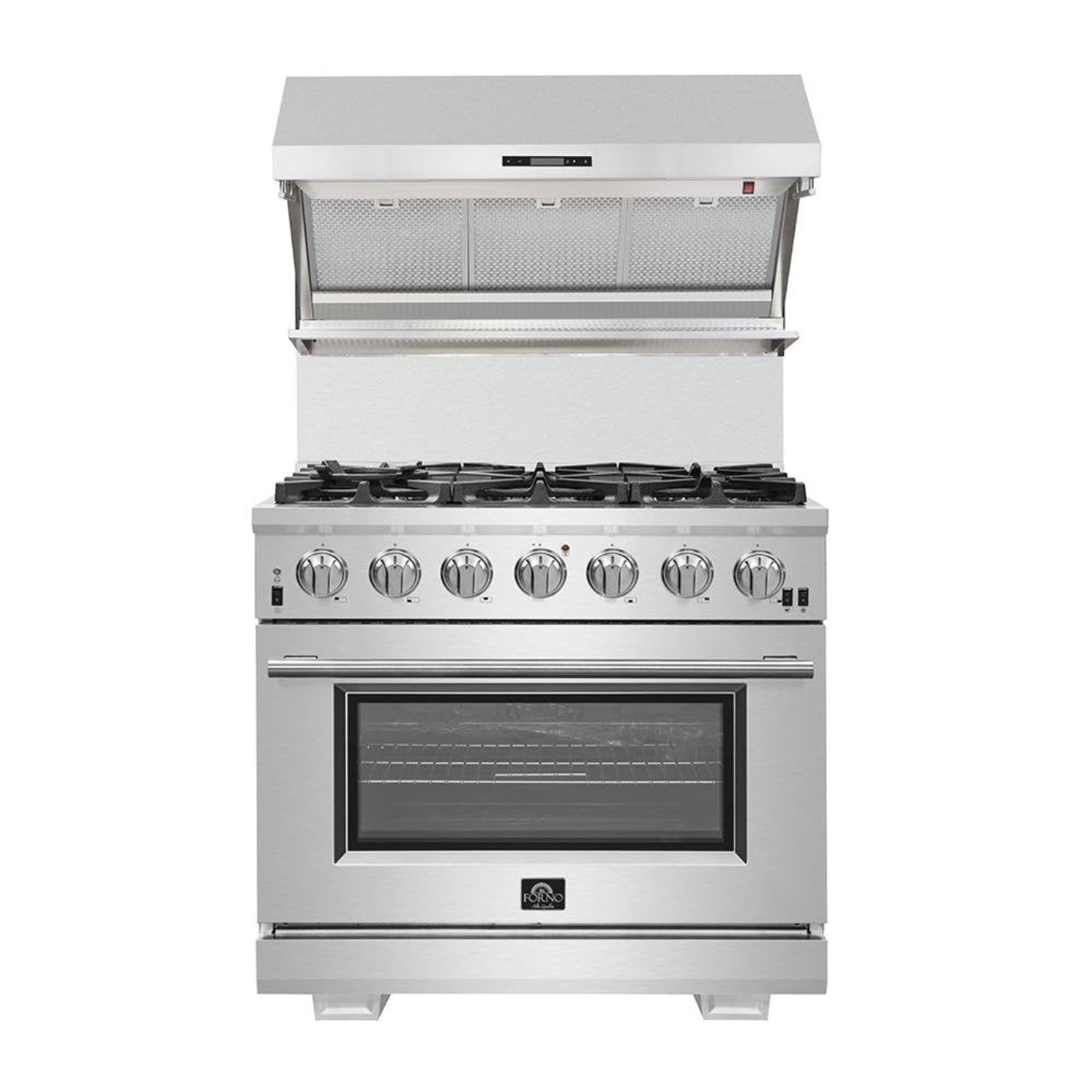 Forno 4-Piece Pro Appliance Package - 36-Inch Gas Range, Wall Mount Hood with Backsplash, 36-Inch French Door Refrigerator, and Dishwasher in Stainless Steel - AP4-6260-36