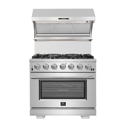 Forno 4-Piece Pro Appliance Package - 36-Inch Gas Range, Wall Mount Hood with Backsplash, 36-Inch French Door Refrigerator, and Dishwasher in Stainless Steel - AP4-6260-36