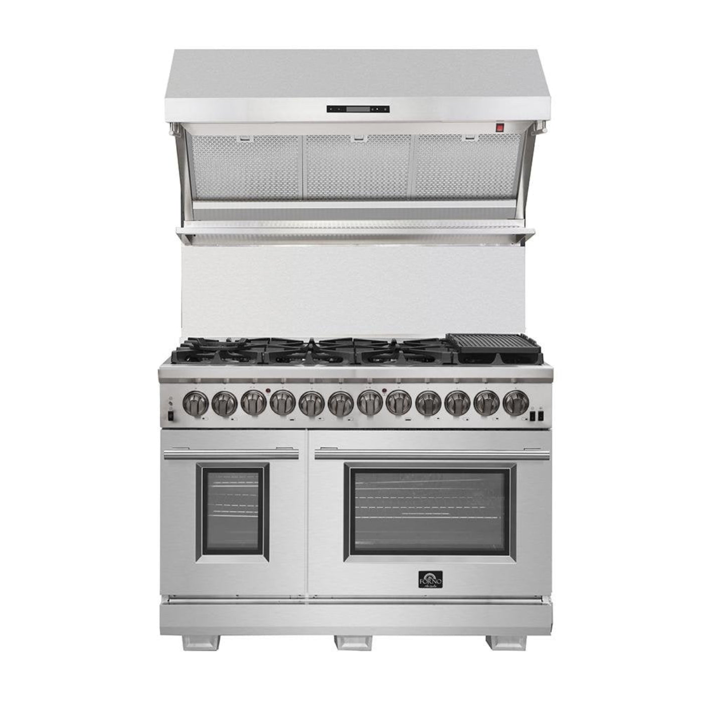 Forno 4-Piece Pro Appliance Package - 48-Inch Dual Fuel Range, 36-Inch French Door Refrigerator, Wall Mount Hood with Backsplash, & Dishwasher in Stainless Steel - AP4-6187-48