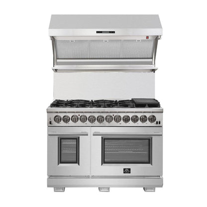 Forno 4-Piece Pro Appliance Package - 48-Inch Dual Fuel Range, 36-Inch French Door Refrigerator, Wall Mount Hood with Backsplash, & Dishwasher in Stainless Steel - AP4-6187-48