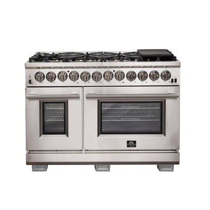 Forno 4-Piece Pro Appliance Package - 48-Inch Dual Fuel Range, 36-Inch French Door Refrigerator, Wall Mount Hood with Backsplash, & Dishwasher in Stainless Steel - AP4-6187-48