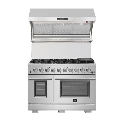 Forno 4-Piece Pro Appliance Package - 48-Inch Gas Range, Premium Hood, French Door Refrigerator, and Dishwasher in Stainless Steel - AP4-6260-48