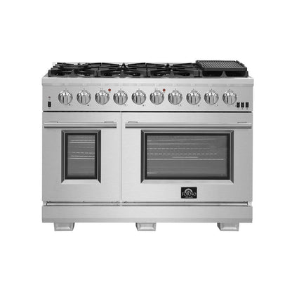 Forno 4-Piece Pro Appliance Package - 48-Inch Gas Range, Premium Hood, French Door Refrigerator, and Dishwasher in Stainless Steel - AP4-6260-48